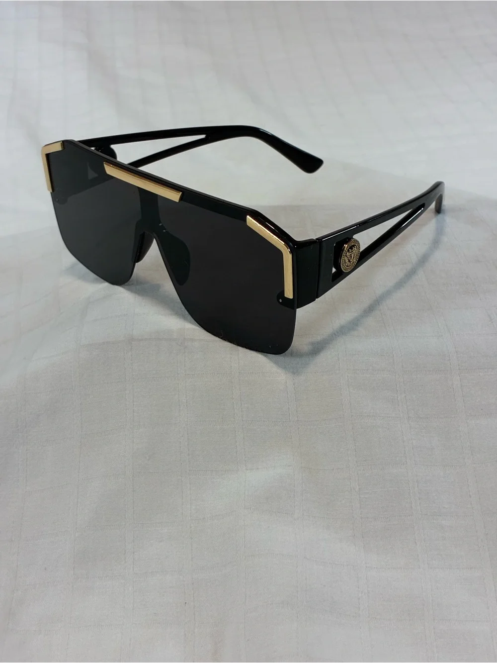Men’s Black Shield Sunglasses with Gold Trim